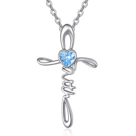TANGPOET March Birthstone Aquamarine Faith Cross Necklace Jewellery for Women Girls 925 Sterling Silver Christian Gifts for Birthday Mother's Day Christmas Baptism Confirmation