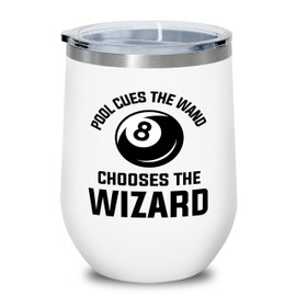 Billiards Wine Tumbler 12oz White -Pool cues - Pool Player Gifts Table Rail Balls Chalk Cue Sticks