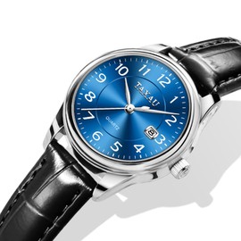 Taxau Leather Bracelet Women's Watch Business Casual Fashion Luxury Women's Watch with Date Display Sophisticated Women's Watch Waterproof Quartz Movement Women Watch, Black leather strap blue