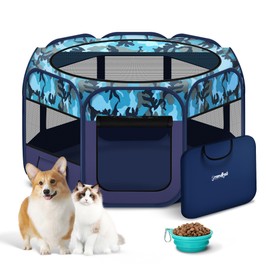 Grandtail Extra Large Dog Playpen, Portable Pet Play Pen for Cat, Puppies, Foldable Large-Capacity Pet Playpen for Indoor/Outdoor Dog House (Blue, 55" x 30", 8 Panels)