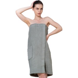 SEYANTE 100% Turkish Cotton Women's Towel Spa Wrap, Bath Towels with Adjustable Closure, Textured, Rice Weave Trim (Small/Medium, Grey)