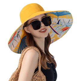 LackBlue Womens Sun Hat Large Floral Beach Bucket Hats Double Sided Soft Disc Boho Hat Travel Hat Sun Hats for Women UV Protection (Flower/Yellow)