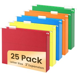 SUNEE Hanging File Folders Extra Capacity Assorted Colors, 25 Pack Letter Size File Folders with 1/5-cut Tabs, Heavy Duty 2 Inch Expansion, Stay Organized for Your Home and Office Bulk File