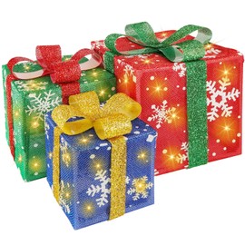 3 Pcs Christmas Lighted Gift Boxes Decorations with Bows, 50 LED Red Green Blue Snowflake Present Boxes, Christmas Tree Skirt Ornament for Indoor Outdoor Holiday Party Xmas Home Yard Art Décor