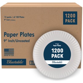 Bluetable 9 Inch Paper Plates Bulk – 1200 Count - Uncoated White 9” Dinner Plate Pizza Plate Decorative Craft Paper Plates Disposable Plates [1200 Pack/Case]