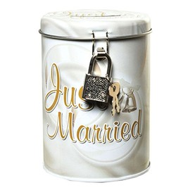 Ramonasbastelschuppen Money Box Wedding Wedding Bride and Groom Gift - Metal - Rose Brown - Just Married - 11 x 8.5 cm
