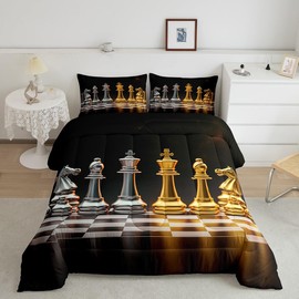 Feelyou Golden and Silver International Chess Comforter Set for Girls Boys Board Game Comforter King and Knight Bedding Set Geometric Checkerboard Duvet Set Twin Size Quilt Set 2Pcs