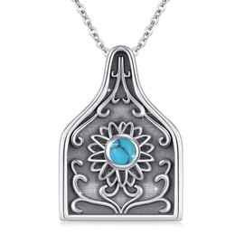 Cow Tag Necklace 925 Sterling Silver Sunflower Cow Tag Pendant with Turquoise Necklace Western Vintage Cattle Tag Jewellery Gift for Women Men