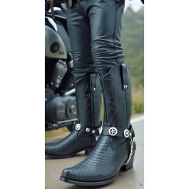Unbranded Men Boot Pair Black Faux Leather Straps Biker Motorcycle Texas Lone Star Charm
