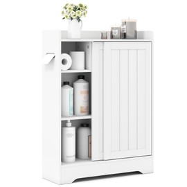 Tangkula Bathroom Storage Cabinet, Slim Floor Cabinet with Toilet Paper Holders, Brush Compartment & Adjustable Shelves Next to Toilet, Sliding Door Cabinet for Small Spaces (White)