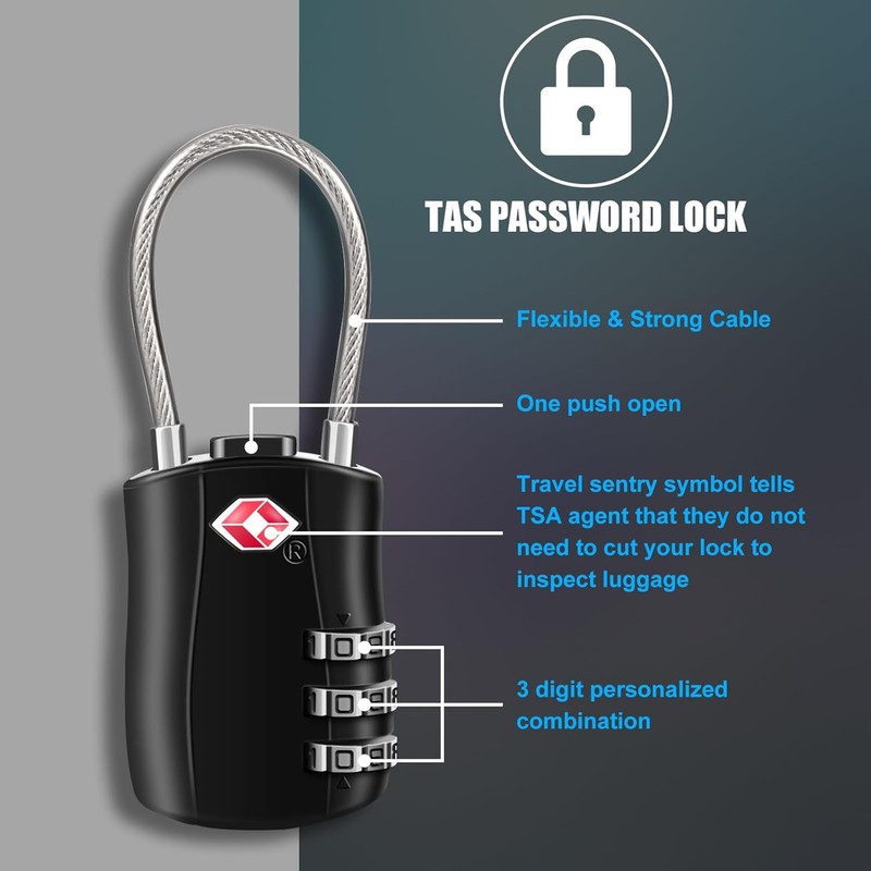 TSA Approved Cable Luggage Locks for Laptop Backpack, Re-settable Combination,