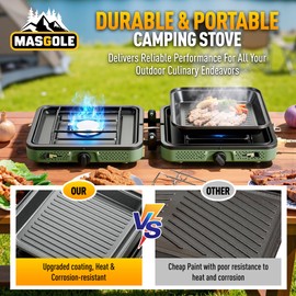 2 Burner Camping Stove Foldable, Portable Camp Stove with Griddle, 16000 BTU, Piezo Ignition, Adjustable Burners, Carrying Handle, Compatible with Blend Isobutane Fuel, for Camping, BBQ, Outdoor Use