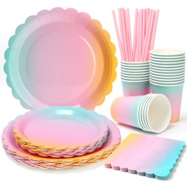 UVTQSSP 125PCS Party Plates, Colorful Scalloped Paper Plates and Cups and Napkins Sets Party Supplies for Birthday Baby Shower Bridal Shower, Disposable Tableware Sets,Serve for 25 Guests, Colorful