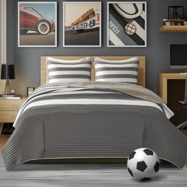 Comfort Spaces Queen Quilt Set Trendy Casual Fun, Vibrant Color Stripes Design, All Season Lightweight Coverlet Bedspread Queen Size Bedding & Shams, Verone, Full/Queen, Grey, 3 Piece