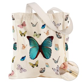 Miss Adola Large Canvas Tote Bag for Women - with Zipper and Inner Pocket Aesthetic Cute Shoulder Bag Reusable Grocery Shopping Bags Cotton Tote Bag for Gym Daily Travel, Butterfly Glitter