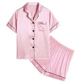 SWOMOG Silk Satin Pajamas Set Short Sleeve Button-Down PJs Two-Piece Lounge Sets Sleepwear