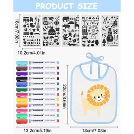 TIDEVAN Pack of 14 Baby Bibs for Painting, 22 x 18 cm Bibs White Bibs Painting Baby Shower with 12 Coloured Textile Pens and 5 Painting Stencils for Baby Shower Party Boys Girls