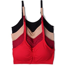 Kalon 4 Pack Women’s Nylon Spandex Removable Pads Comfort Cami Bras Wireless, Red Basics, X-Large