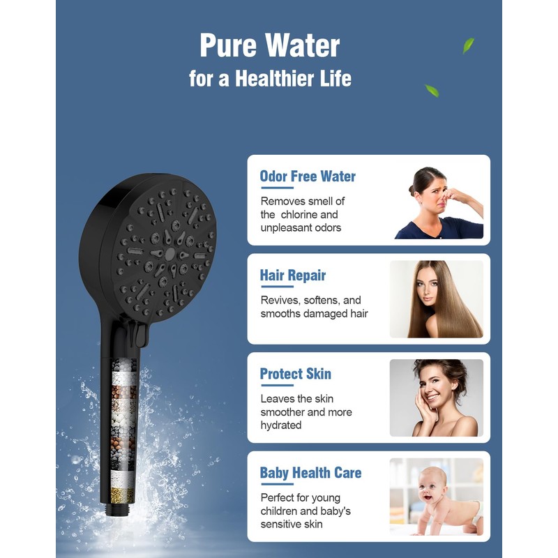 Filtered Shower Head with Handheld Matte Black, BOWGER 6 Modes