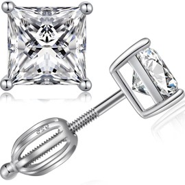 Miaofu Earrings 18K White Gold Plated 925 Sterling Silver Round Cut and Princess Cut Cubic Zirconia Stud Earrings I Square Stud Earrings Size 4 mm - 8 mm Fine Jewellery for Men and Women, Sterling
