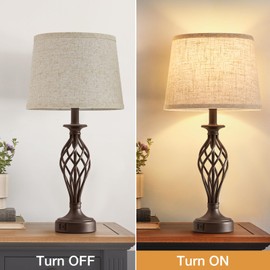 Table Lamp for Bedroom Set of 2 with USB C+A Ports - Modern Brown Bedside Lamps with Spiral Cage Base Fabric Shade - Nightstand Lamp for Living Room Reading Bed Side End Table 2 LED Bulbs Included