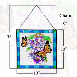 Butterfly Stained Glass Window Hangings,Hand-Painted Glass Suncatcher Panel with Metal Chain,Home Decor for Wall or Windows（W10“ x H10”