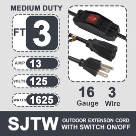 EP 3 Ft Indoor Extension Cord with Waterproof On Off Switch, 16/3 SJTW 1625W Heavy Duty Extension Cable, 13A 125V 3-Prong 3 Outlet, Ideal for Indoor Appliances, Black