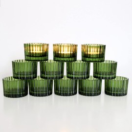 VOHO 24pcs Green Tea Lights Candle Holder for Christmas Decorations, Ribbed Glass Tealight Candle Holder for Wedding, Holiday/Birthday Gifts