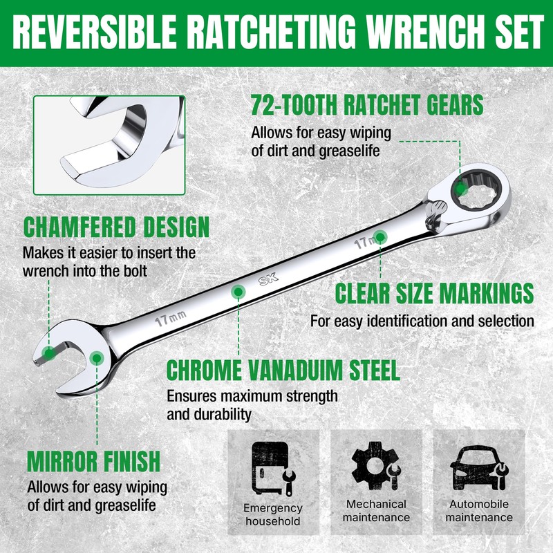 SK Reversible Ratcheting Wrench Set, Combination Wrench Set, 8-Piece, Metric,