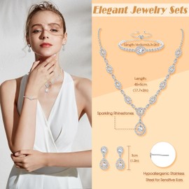 Finrezio Silver Jewelry Set for Women Rhinestone Necklace and Earrings Bridal Wedding Jewelry Sets for Brides Bridesmaid Crystal Wedding Prom Jewelry