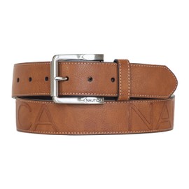 Nautica Men's Casual and Dress Leather Belt with Metal Buckle, Embossed Logo - Tan, 36 Inch