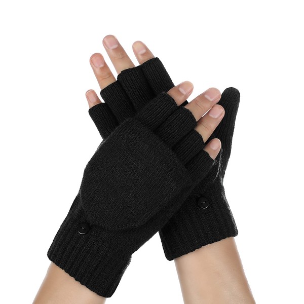Achiou Winter Fingerless Gloves for Men Women, Convertible Warm Half Finger Mitten Gloves Flip Top, Knitted Clamshell Gloves