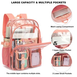 Kouxunt Clear Backpack Heavy Duty Transparent Backpacks Stadium Approved for School Work Sport Travel (Pink)
