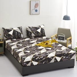 KAREVER Black Marble Bed Sheet Set - Geometric Marble 4-Piece 1 Fitted, 1 Flat, 2 Pillowcases King Size Women Men Bed with Gold Lines