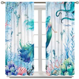 Mermaid Curtains for Girls,Watercolour Cartoon Coral Underwater World Starfish Jellyfish Beautiful Mermaid Princess Window Drapes Print for Kids Nursery Bedroom Living Room 42x45in（No Blackout）