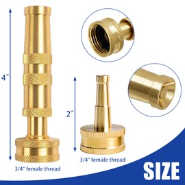 Hourleey 4" Adjustable Twist Hose Nozzle, 2" Heavy-Duty Brass 3/4" GHT Hose Nozzle Jet with 2 Garden Hose Rubber Washers (Nozzle Twist and Nozzle Jet)