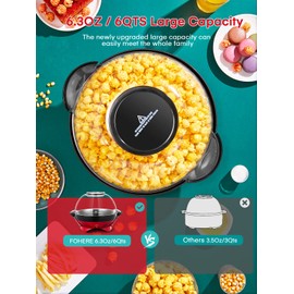 Popcorn Machine, FOHERE 6.3 Quarts Electric Hot Oil Popcorn Popper Machine with Stirring Rod, Large Lid for Serving Bowl and Convenient Storage, Removable & Nonstick Plate, 28Cups, Two Measuring Cups