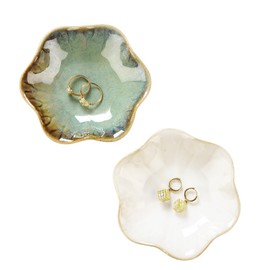 2PCS Lotus Leaf Shape Ring Holder Dish, Small Key Bowl, Ceramic Trinket Tray Jewelry Dish Organizing Necklace Earrings for Mom Friend Sister, All Jewelries Are NOT Included.White+Crystal Green.