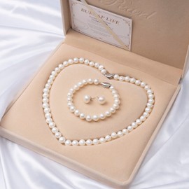 BURLAP LIFE AAA Freshwater Cultured Potato Real Pearl Jewelry Set for Women White Necklace Stud Earring Bracelet 925 Sterling Silver Birthday Valentine's Day, 18inch 7.5mm-8.5mm