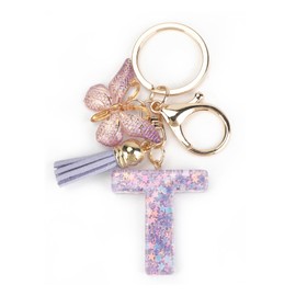 Initial Keychain, Letter Keychain with Butterfly & Tassel,Cute Purple Keychain for Women & Girls,Bag Charm,Bling Key Chain Gift for Friends, Sisters, Moms for Birthdays,Valentine's, Graduations, T, T