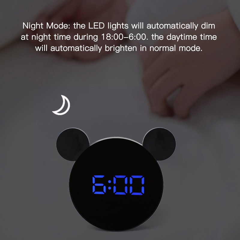 Mirrored Digital Alarm Clock Cute Mice Ear Shape LED Mirror