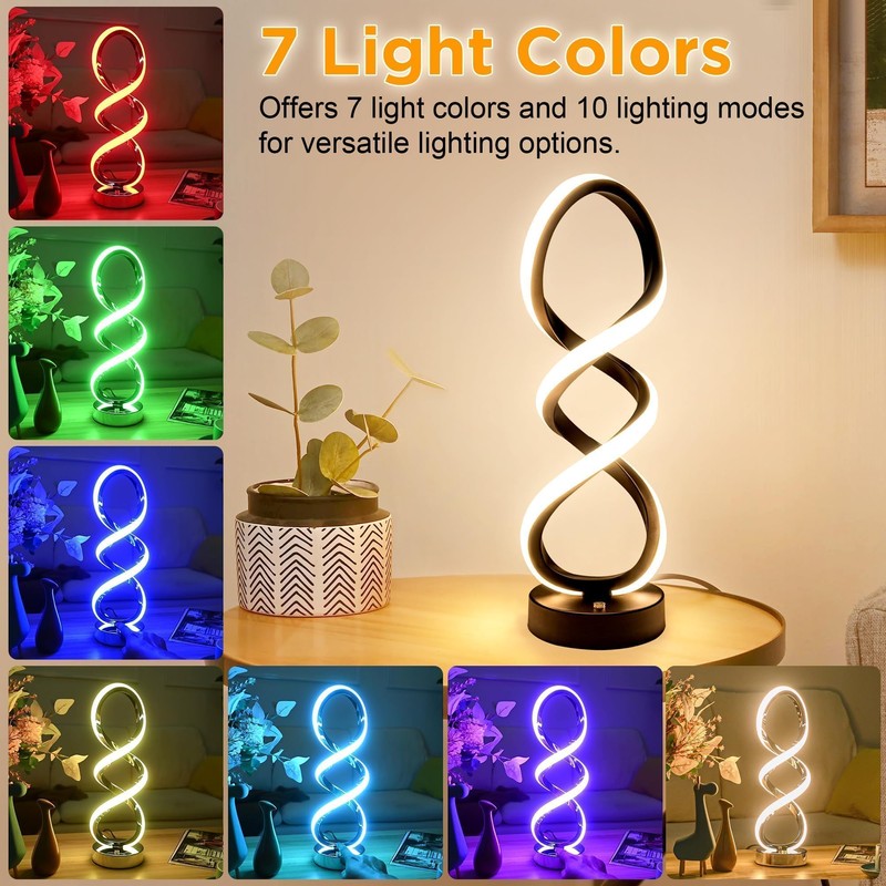 Adebime Modern Table Lamp, 7 Colors 10 Light Modes Spiral