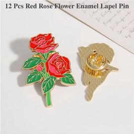 12 Pcs Red Rose Flower Enamel Lapel Pin, 1.5 inch Metal Badge Brooch for Women Men Clothes Bags Hats
