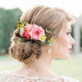 Fangsen Boho Rose Buds Flower Chamomile Little Sunflower Eucalyptus Leaves Lover Grass Hair Comb Bridal Headpiece Floral Hair Accessories for Brides and Bridesmaids Silver (Pink Yellow)