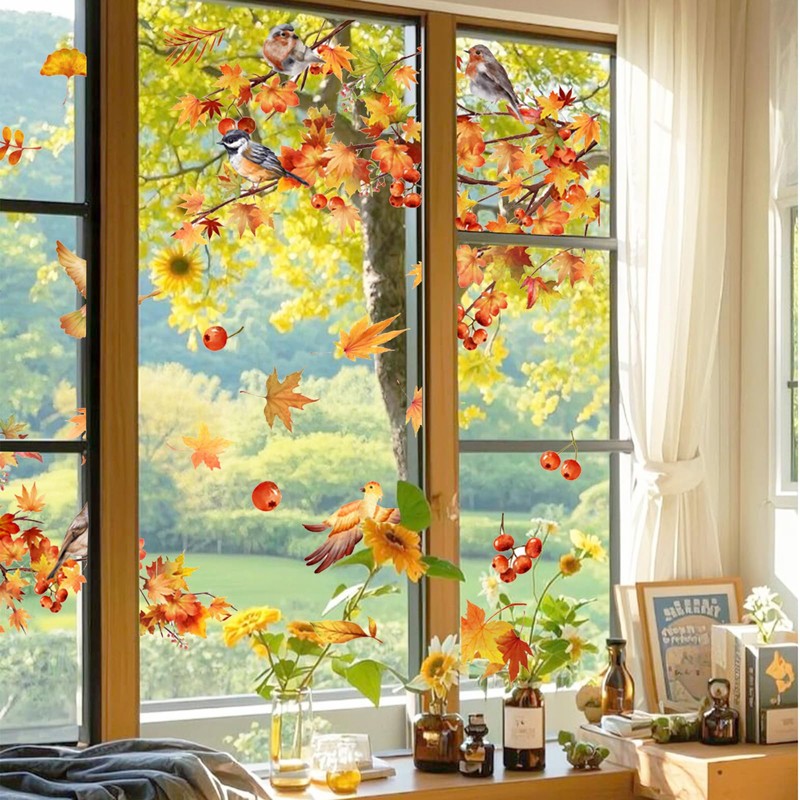 AIBIIN Autumn Window Stickers Fall Leaves Birds Windows Clings for