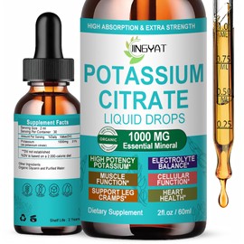 Potassium Supplement Liquid Drops, High Absorption Potassium Citrate 1000mg for Muscle Heart Electrolyte Balance and Normal pH Support*, Essential Mineral Drops, Non-GMO, 30 Servings