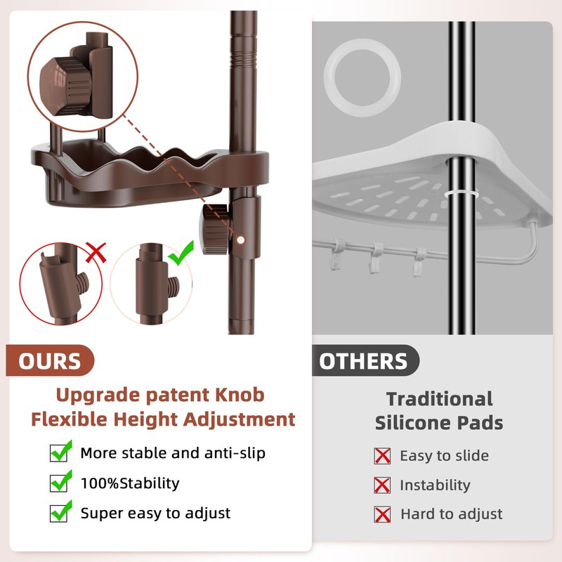 32-122inch Corner Shower Caddy Tension Pole Brown, Rustproof Drill-Free Shower