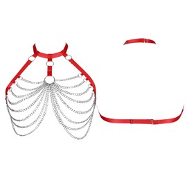 Women's Body Harness Bra Punk Elastic Adjustable Metal Chain Plus Size Bra Gothic Carnival Club Party Dance Costume (Red)