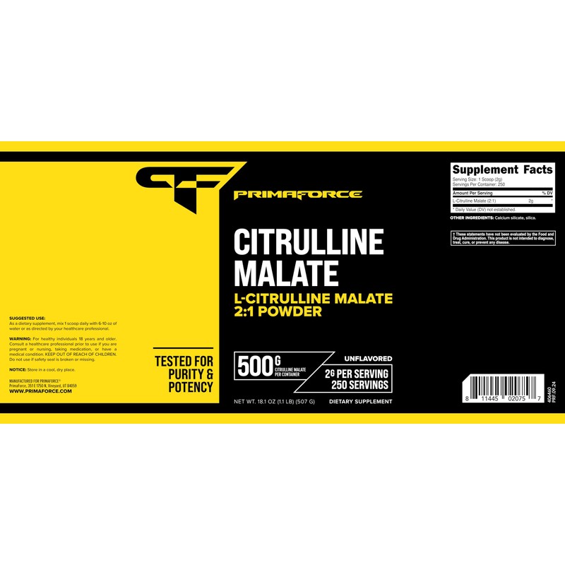 PrimaForce L-Citrulline Malate Powder, Unflavored, 500 Grams - Vegan, Non-GMO