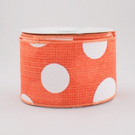 Giant Multi Dots Faux Burlap Wired Edge Ribbon - 2.5 Inch x 10 yards (Salmon Coral, White) : RG0120094